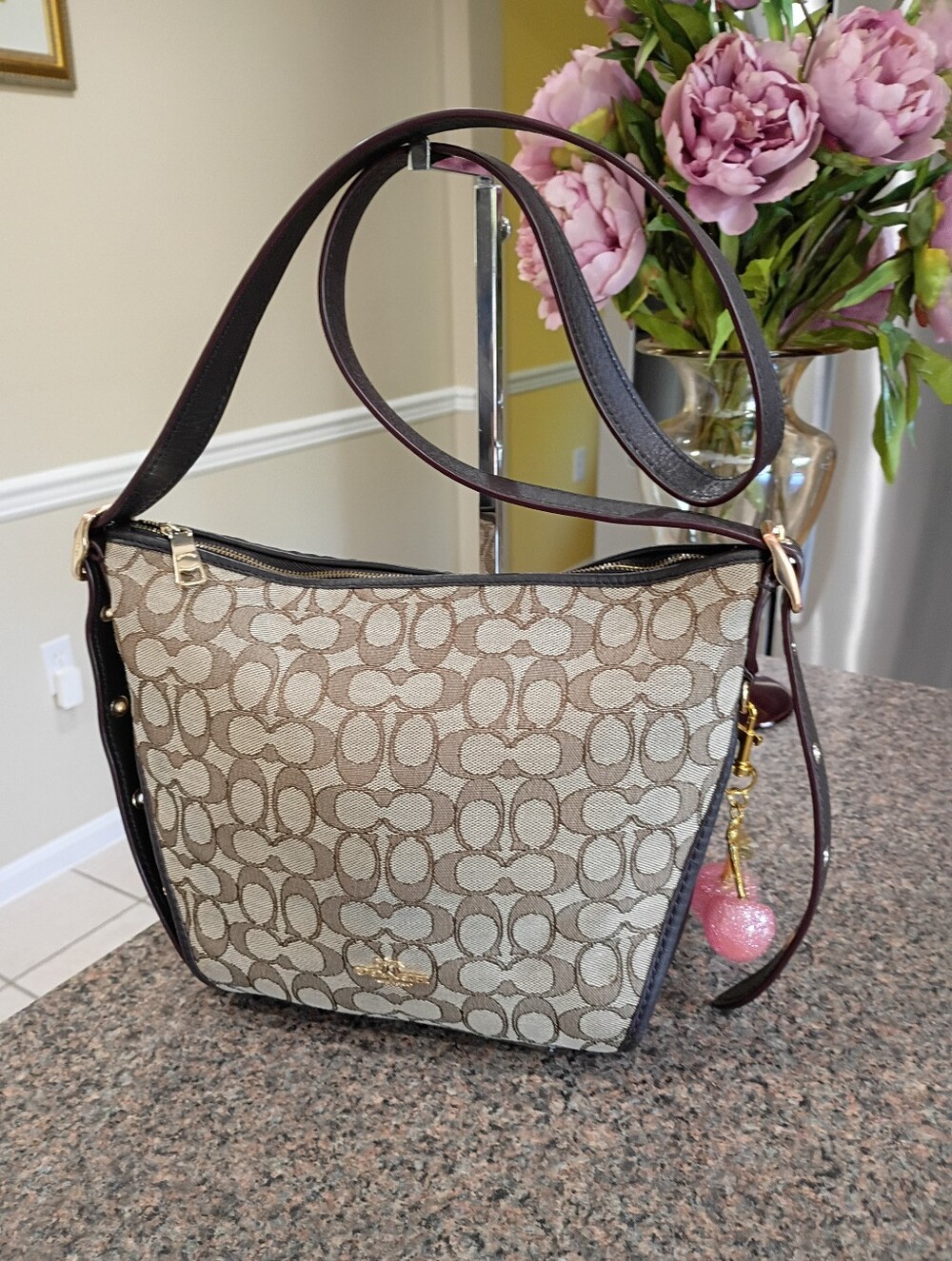 Coach Khaki and Brown Signature Canvas Shoulder Bag